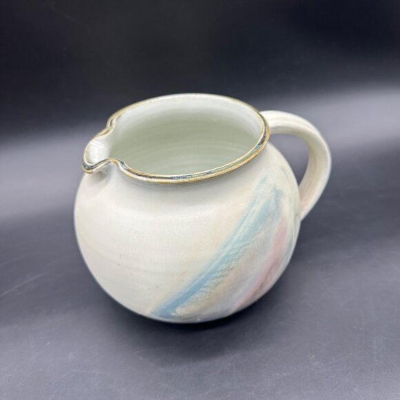 Vintage Art Pottery Pitcher Jug Pastel Purple Abstract Signed Planter Squatty - Picture 1 of 12